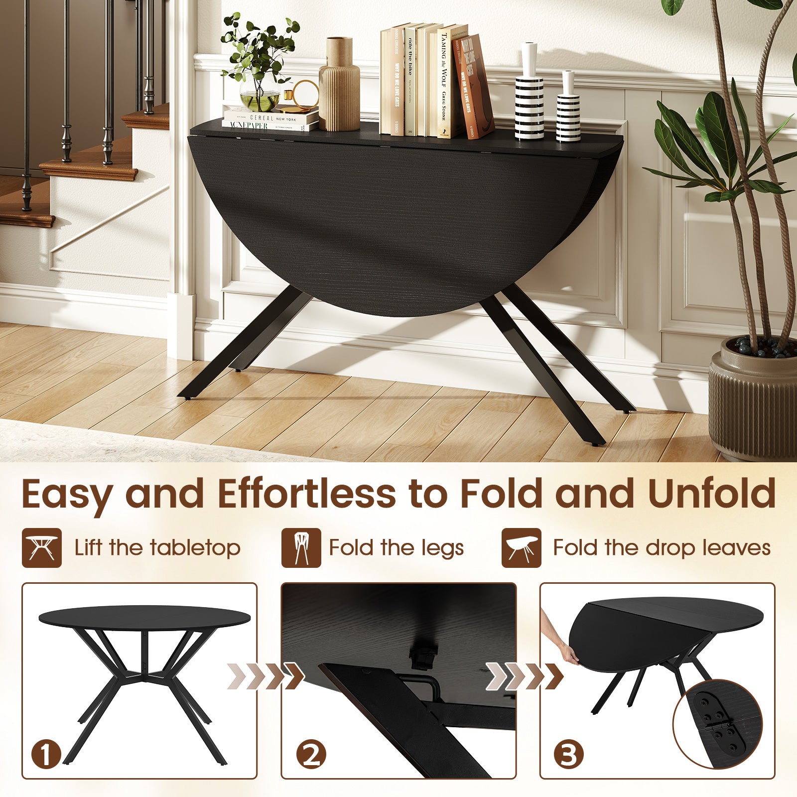 120cm Folding Dining Table with Drop Leaves-Black