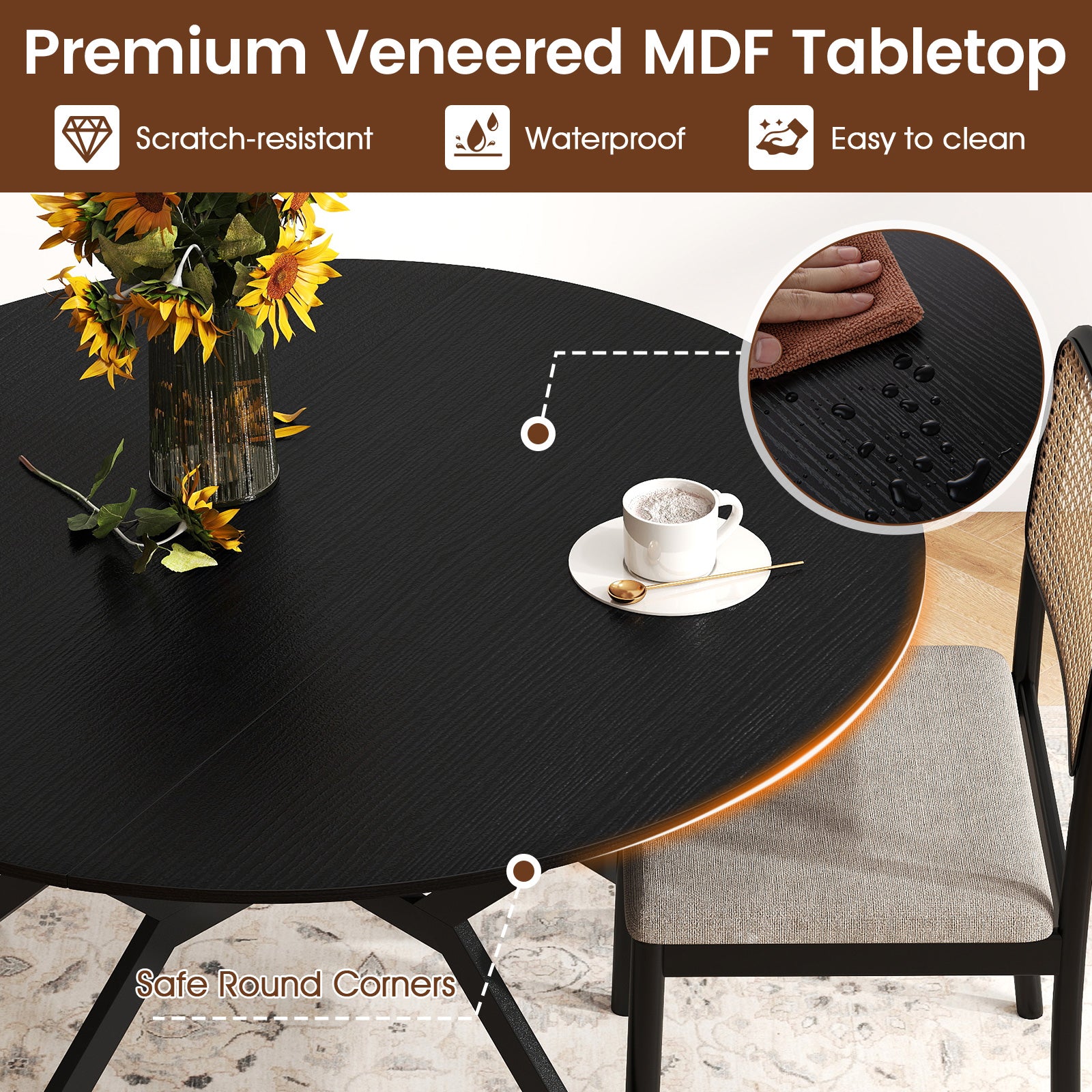 120cm Folding Dining Table with Drop Leaves-Black