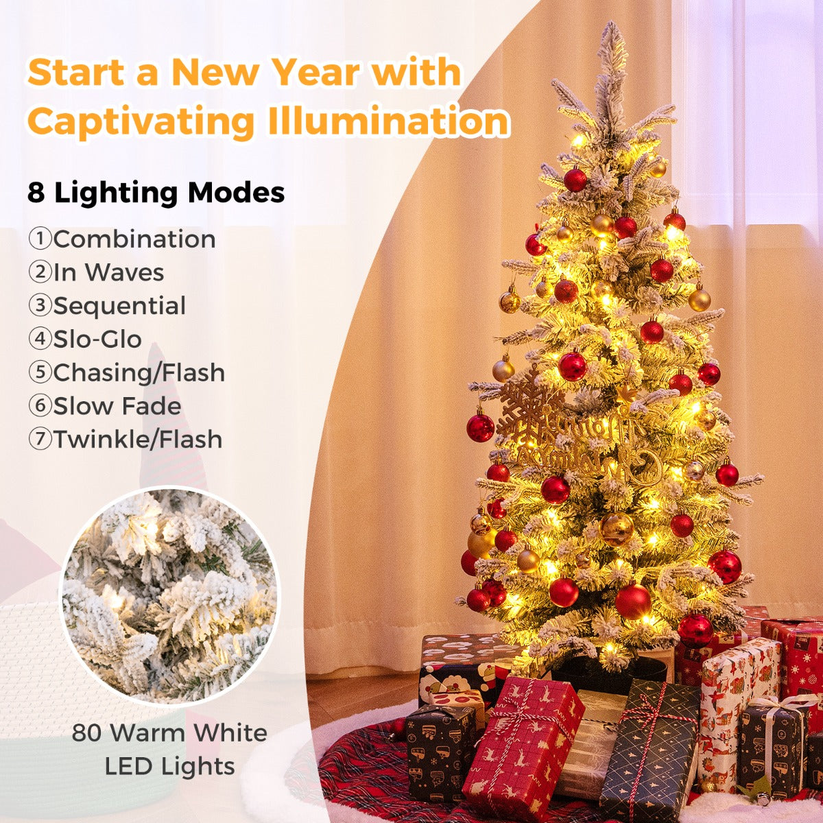 120CM Snow-Flocked Christmas Tree with 80 LED Lights & 176 Branch Tips