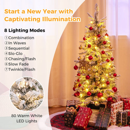 120CM Snow-Flocked Christmas Tree with 80 LED Lights & 176 Branch Tips