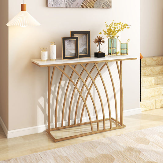 Costway 120cm Gold Console Table with White Faux Marble Tabletop