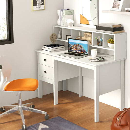 Costway 120cm Writing Desk with USB Charging Ports and Drawers-White