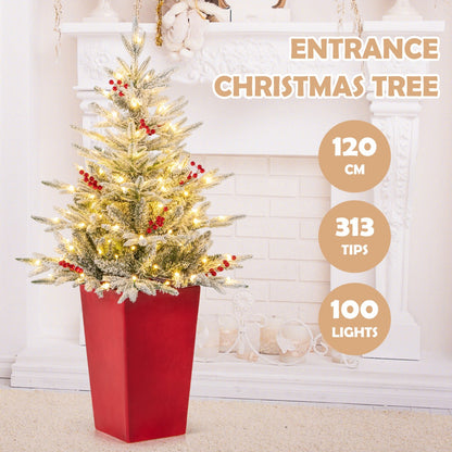 122 cm Pre-lit Potted Christmas Tree with Snow-Flocked Branches & LED Lights