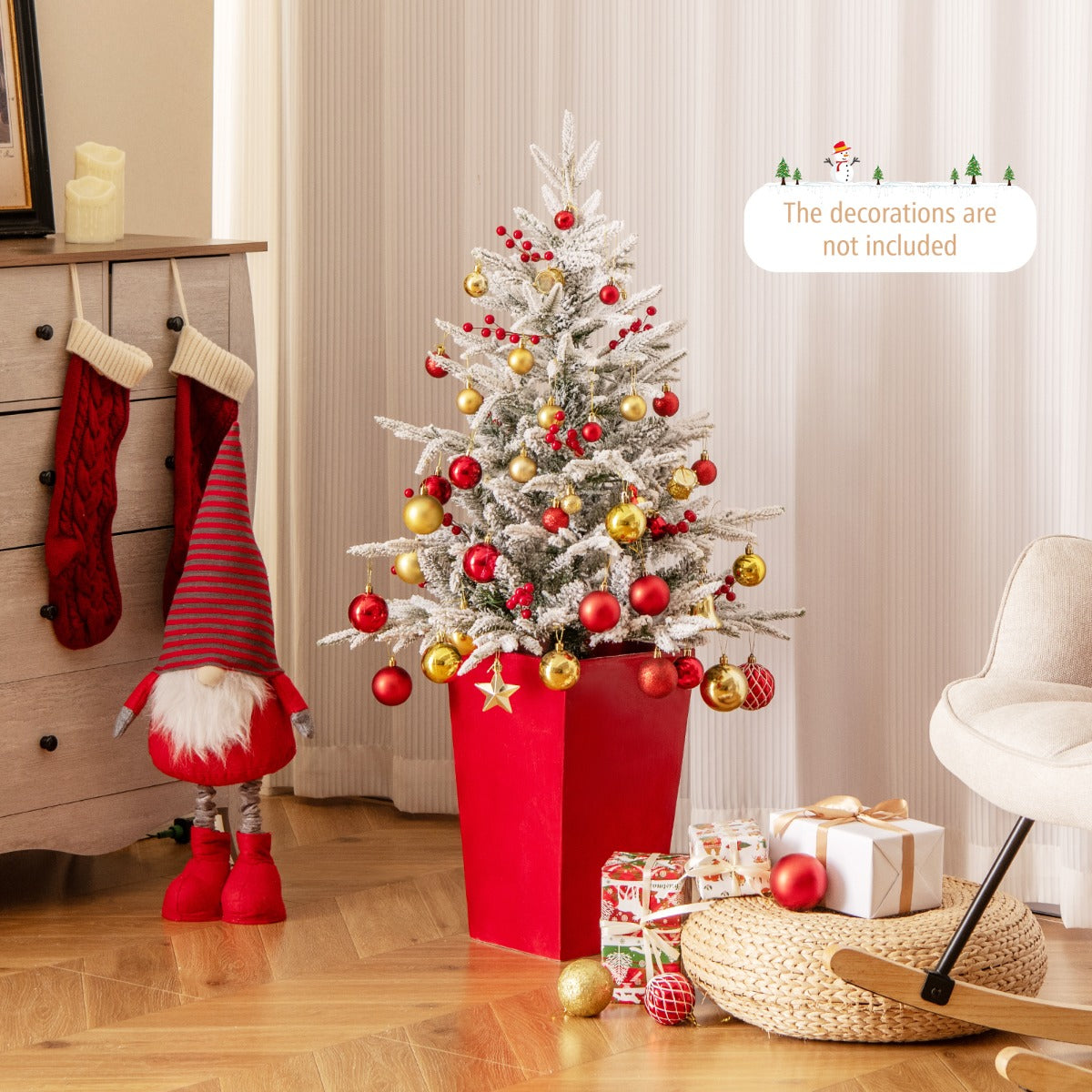 122 cm Pre-lit Potted Christmas Tree with Snow-Flocked Branches & LED Lights