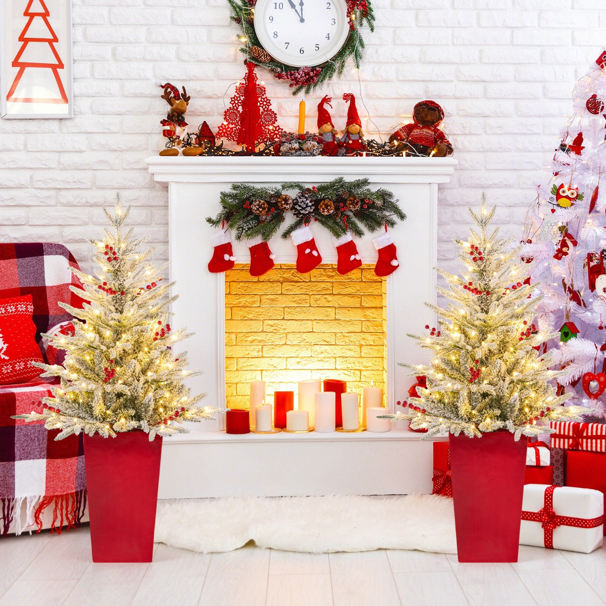 122 cm Pre-lit Potted Christmas Tree with Snow-Flocked Branches & LED Lights