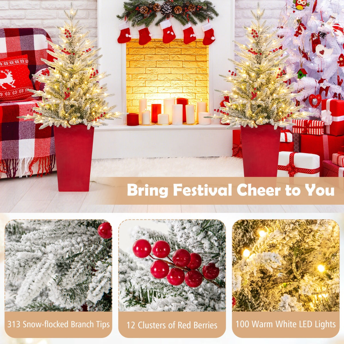 122 cm Pre-lit Potted Christmas Tree with Snow-Flocked Branches & LED Lights