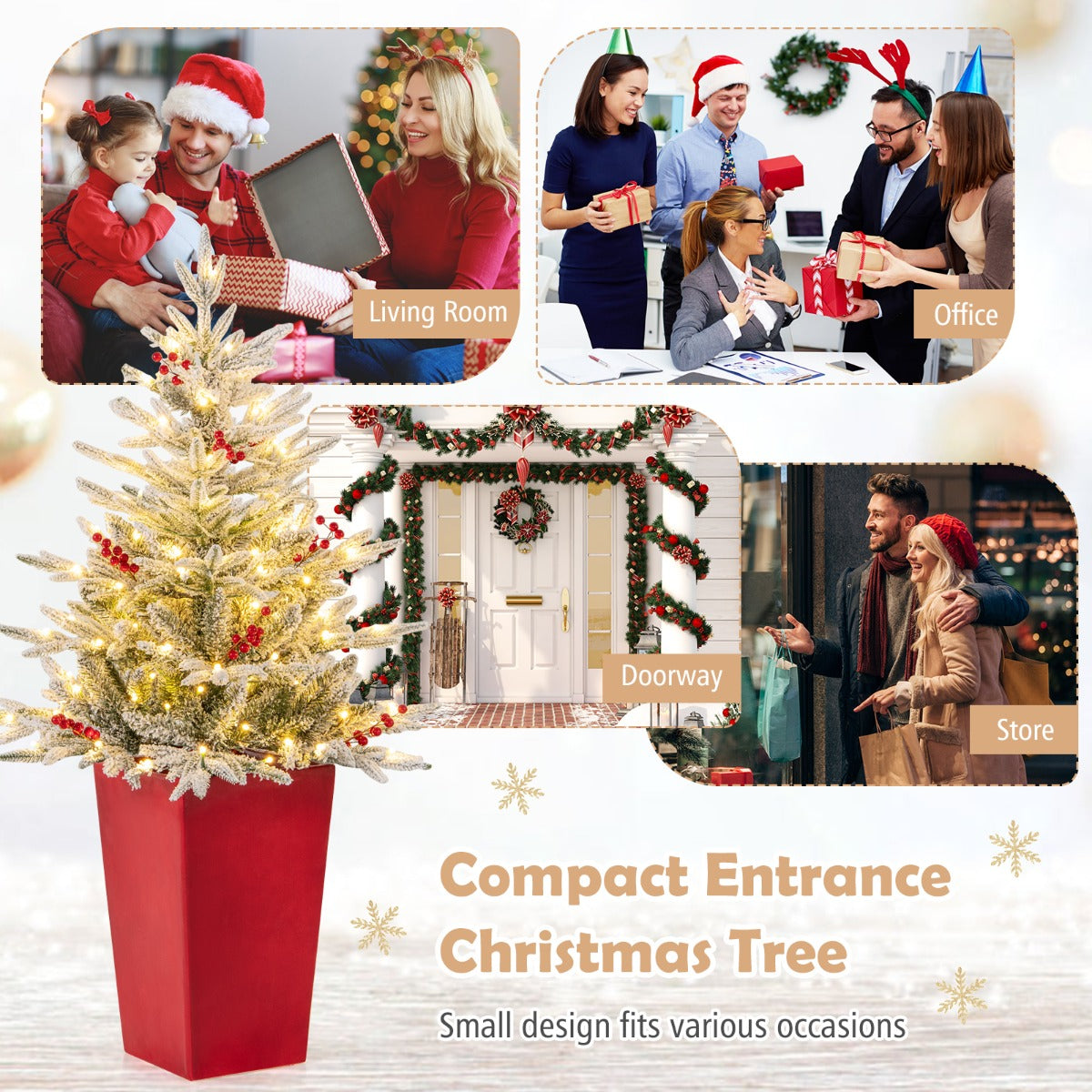 122 cm Pre-lit Potted Christmas Tree with Snow-Flocked Branches & LED Lights
