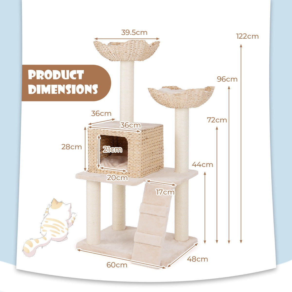 122cm Multi-Tier Cat Tree with Sisal Posts, Perch & Condo - Beige