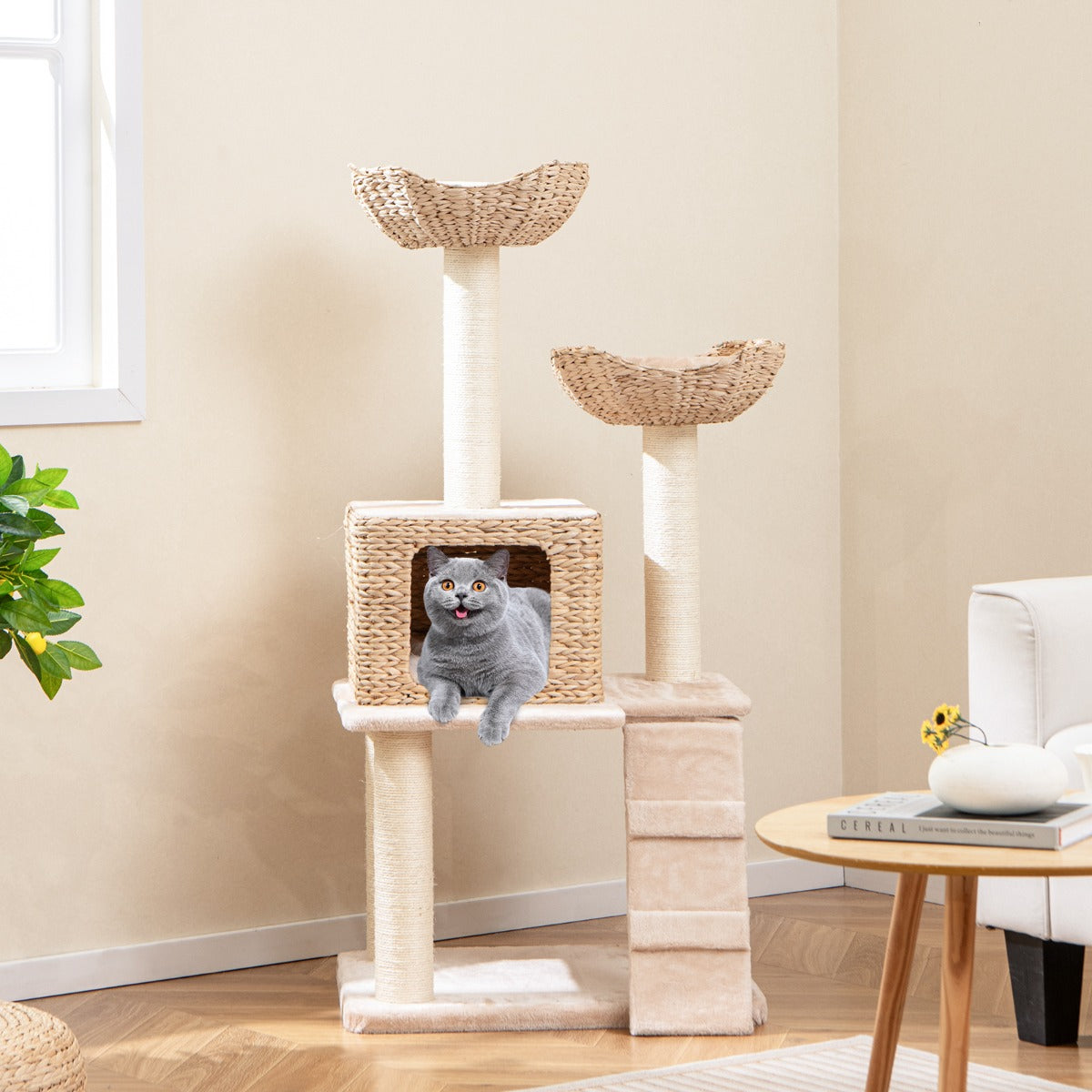 122cm Multi-Tier Cat Tree with Sisal Posts, Perch & Condo - Beige