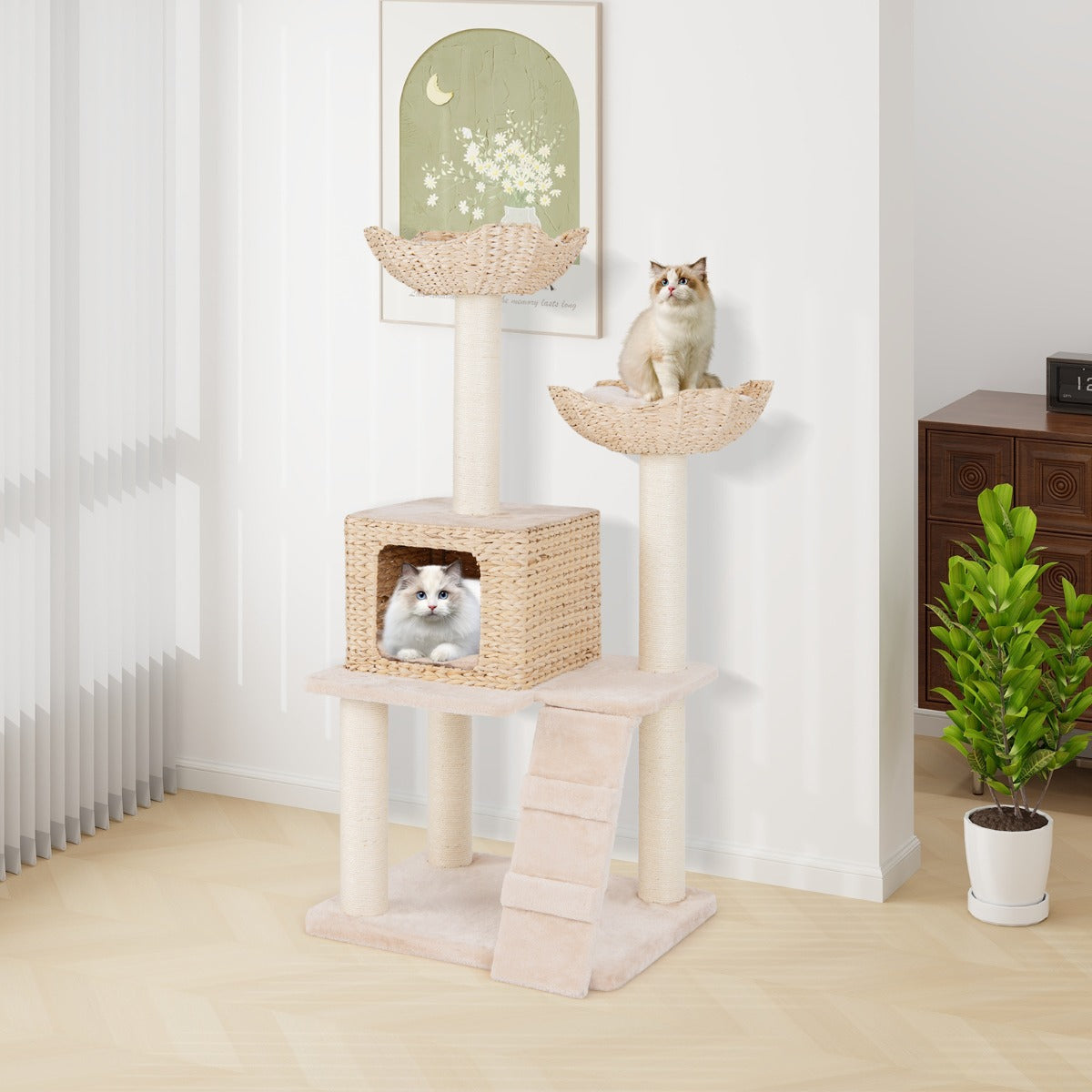 122cm Multi-Tier Cat Tree with Sisal Posts, Perch & Condo - Beige