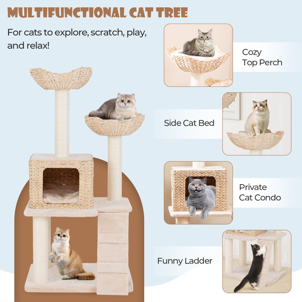 122cm Multi-Tier Cat Tree with Sisal Posts, Perch & Condo - Beige