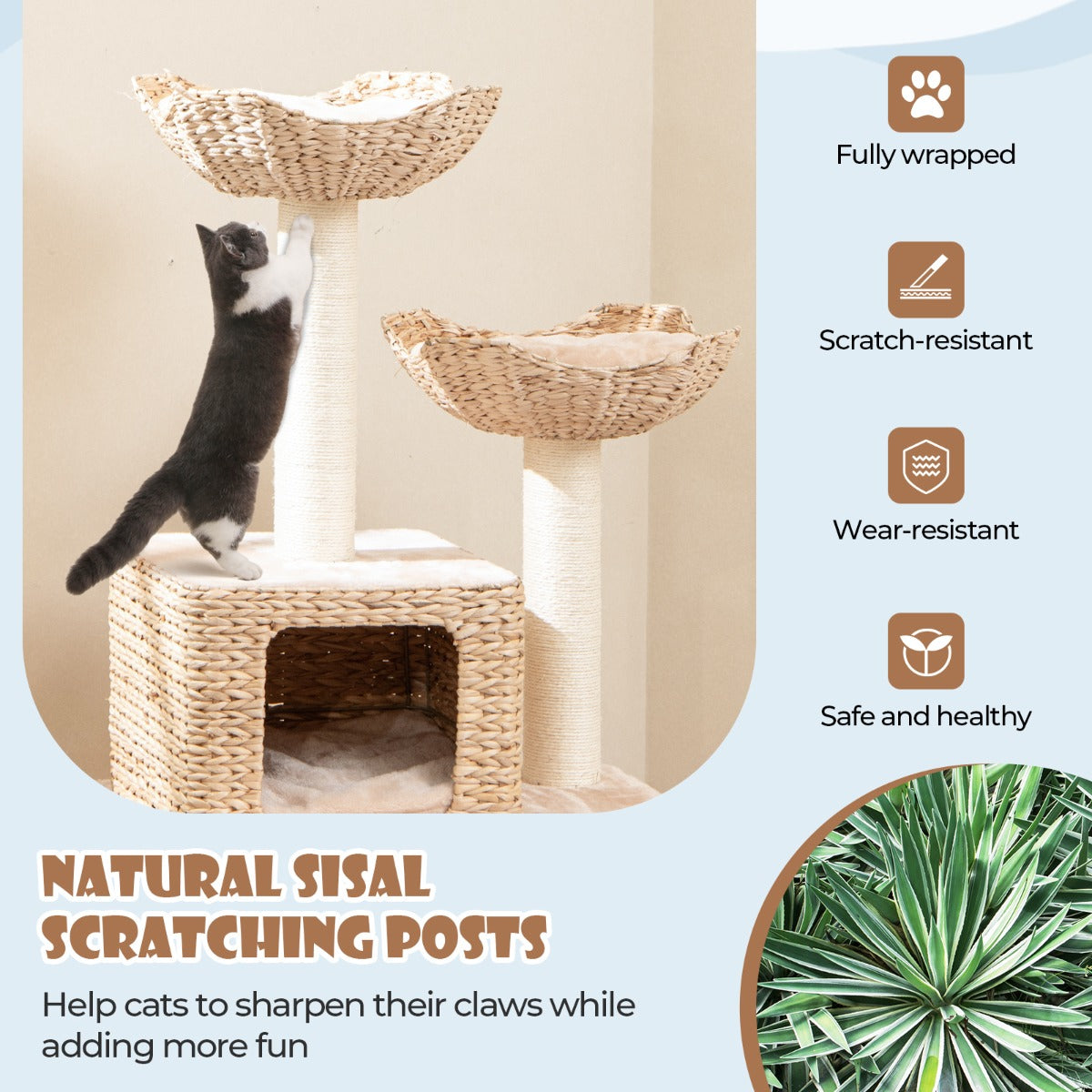 122cm Multi-Tier Cat Tree with Sisal Posts, Perch & Condo - Beige
