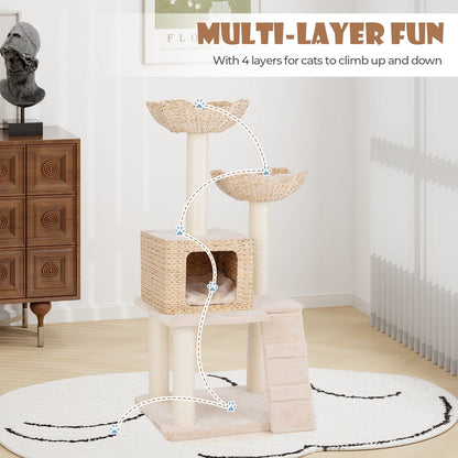 122cm Multi-Tier Cat Tree with Sisal Posts, Perch & Condo - Beige