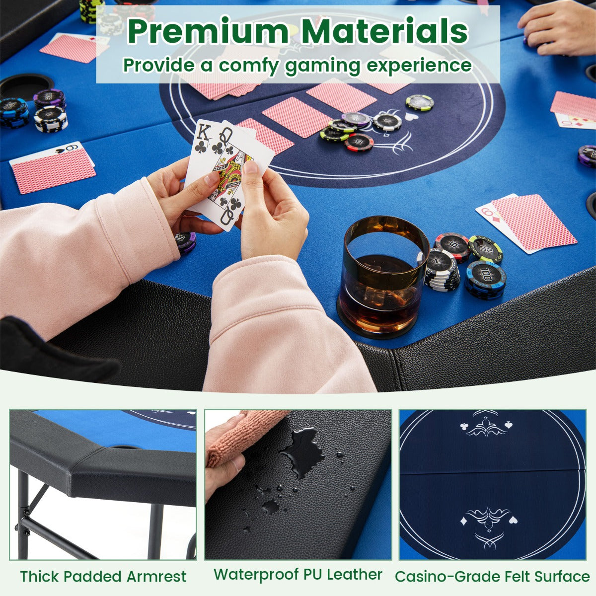 122cm Foldable Poker Table for 8 Players with Padded Rails-Blue