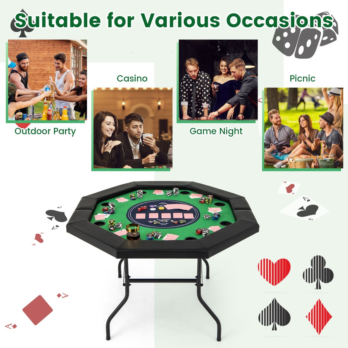 122cm Foldable Poker Table for 8 Players with Padded Rails-Green