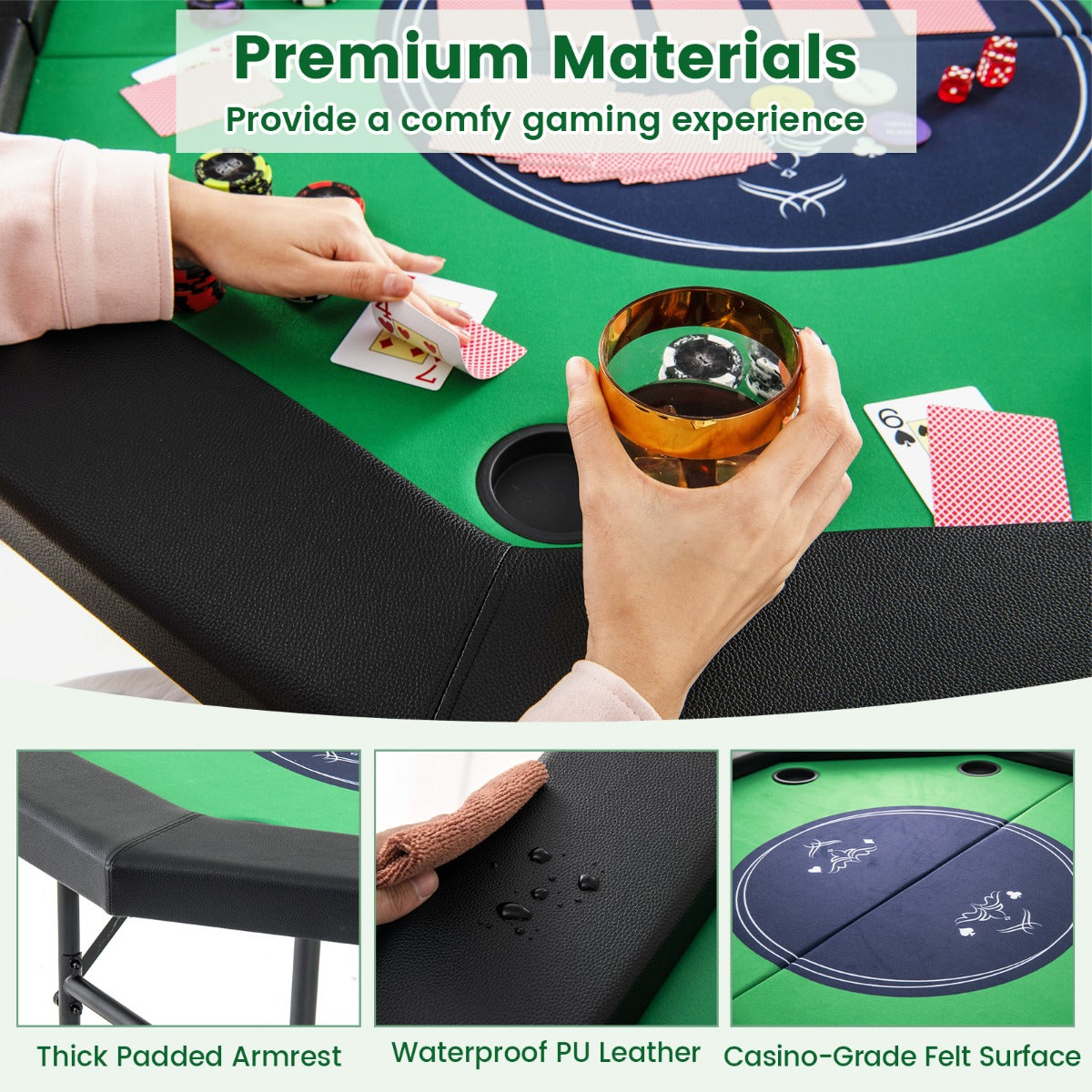 122cm Foldable Poker Table for 8 Players with Padded Rails-Green