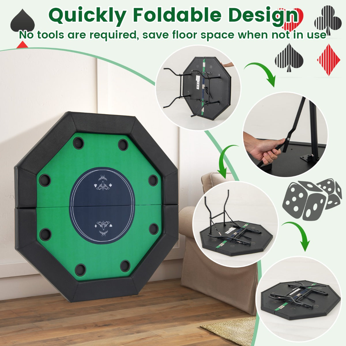 122cm Foldable Poker Table for 8 Players with Padded Rails-Green