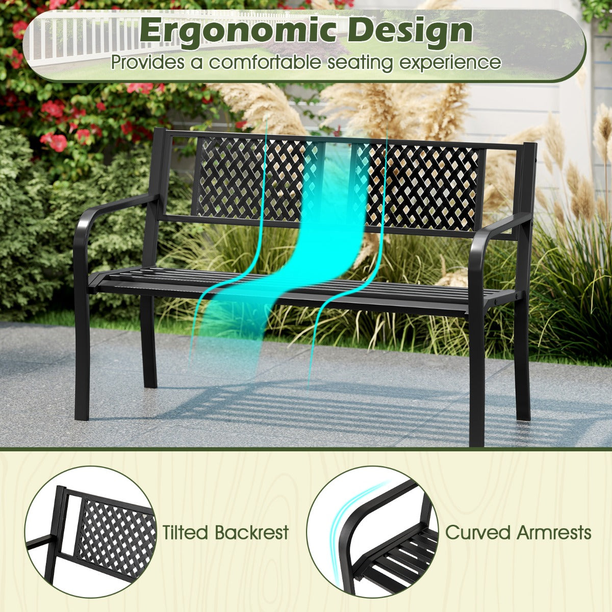 127 cm Outdoor Bench Garden Bench with Diamond Backrest-Black