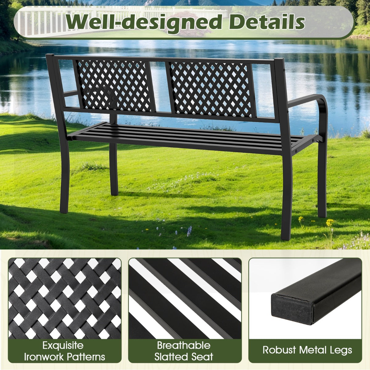 127 cm Outdoor Bench Garden Bench with Diamond Backrest-Black