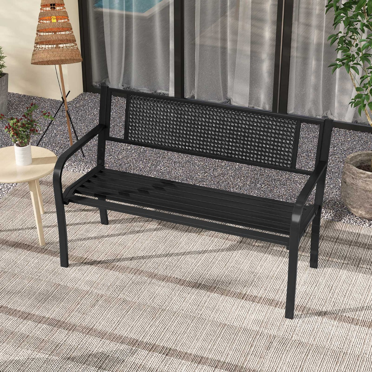 127 cm Outdoor Bench Garden Bench with Patterned Backrest-Black