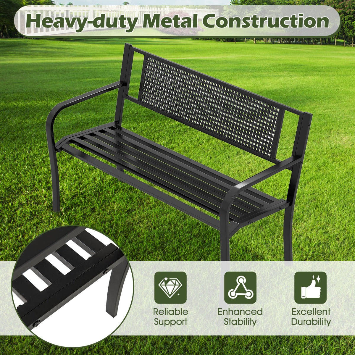 127 cm Outdoor Bench Garden Bench with Patterned Backrest-Black