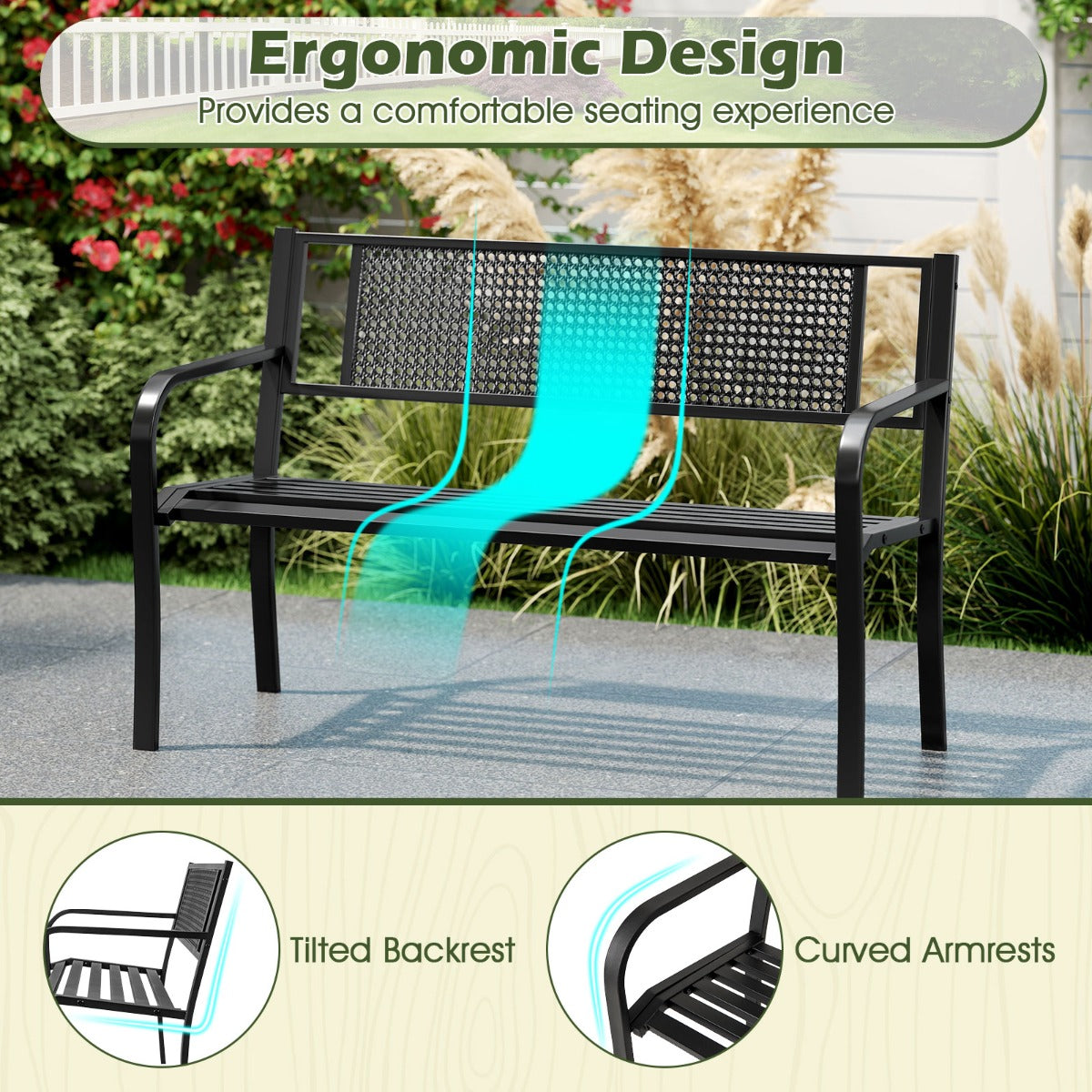 127 cm Outdoor Bench Garden Bench with Patterned Backrest-Black