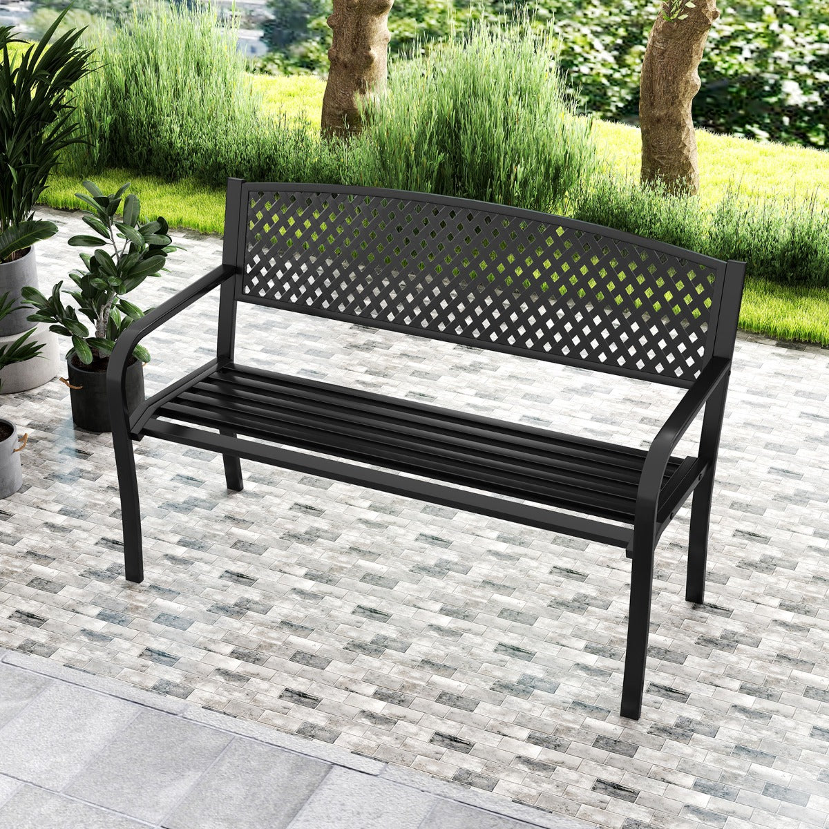 127 cm Outdoor Bench Garden Bench with Wave Back-Black