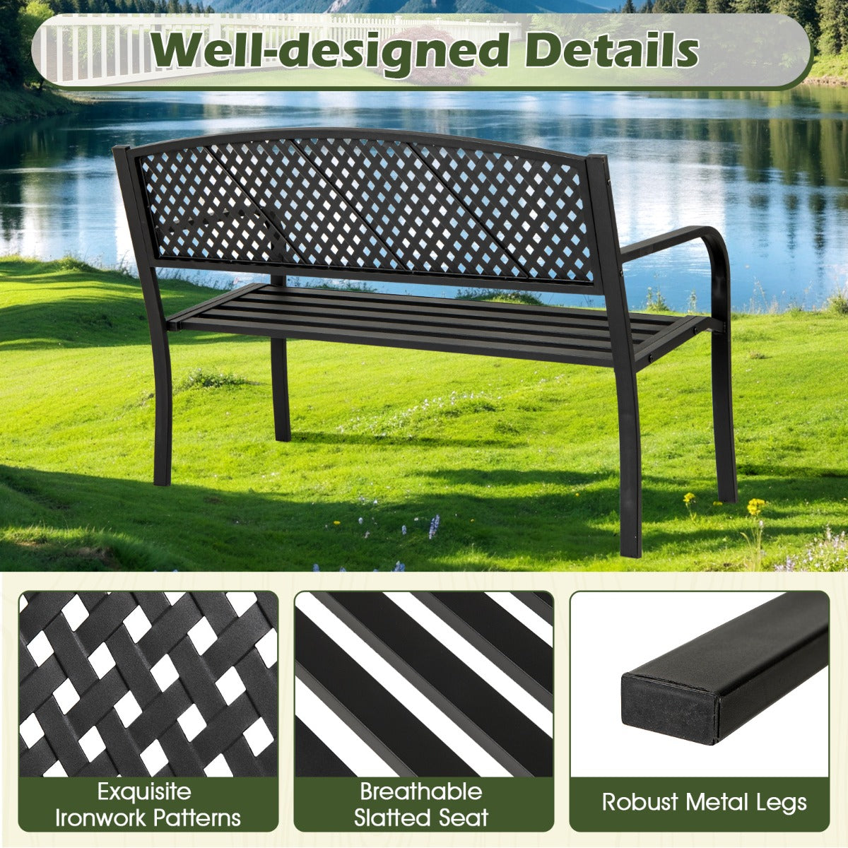 127 cm Outdoor Bench Garden Bench with Wave Back-Black