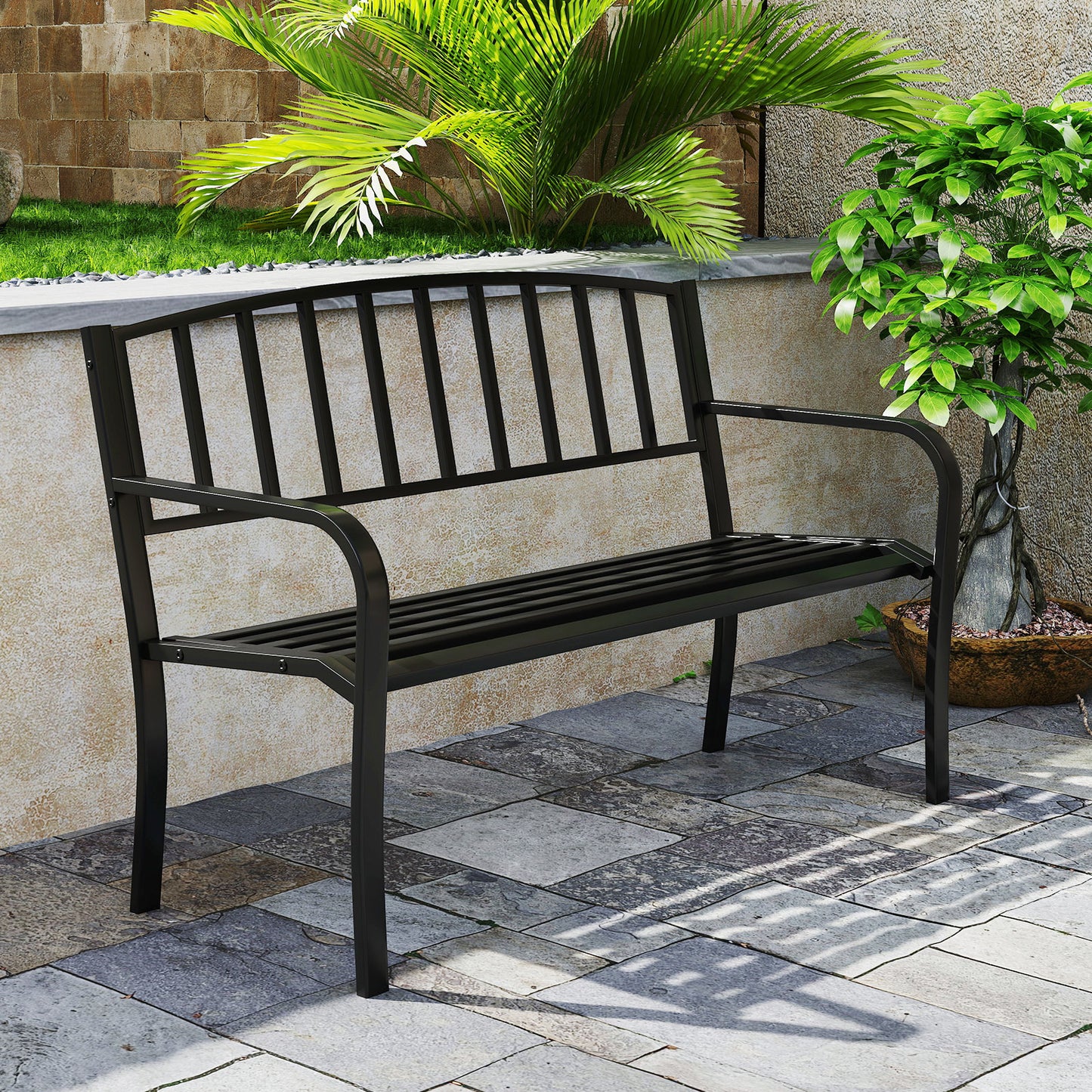 127cm Garden Bench with Slatted Backrest and Curved Armrests-Black