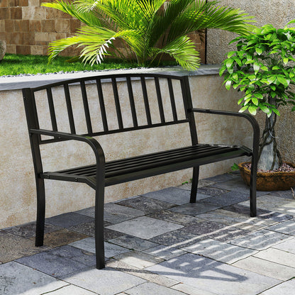 127cm Garden Bench with Slatted Backrest and Curved Armrests-Black
