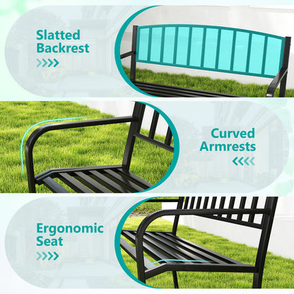 127cm Garden Bench with Slatted Backrest and Curved Armrests-Black