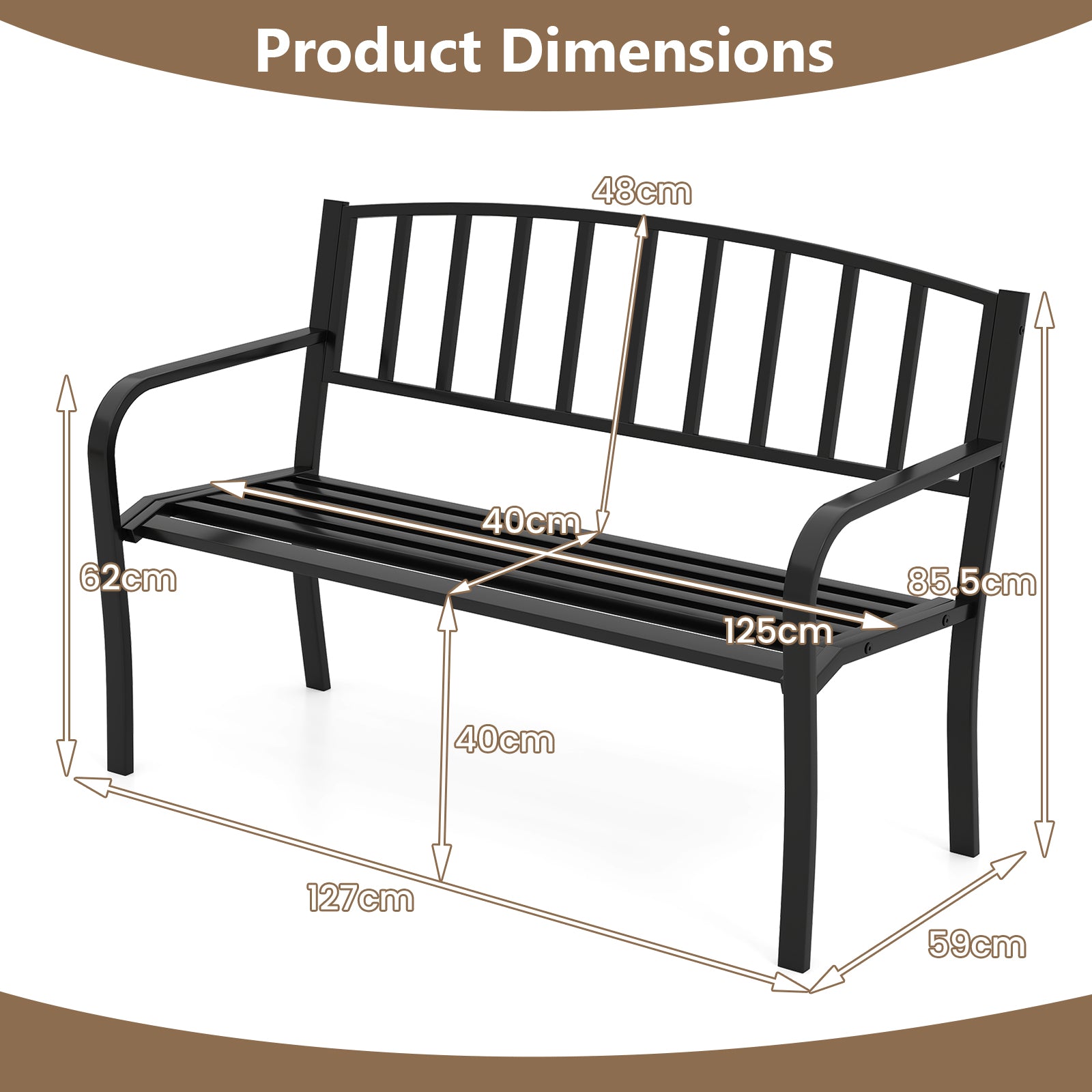 127cm Garden Bench with Slatted Backrest and Curved Armrests-Black
