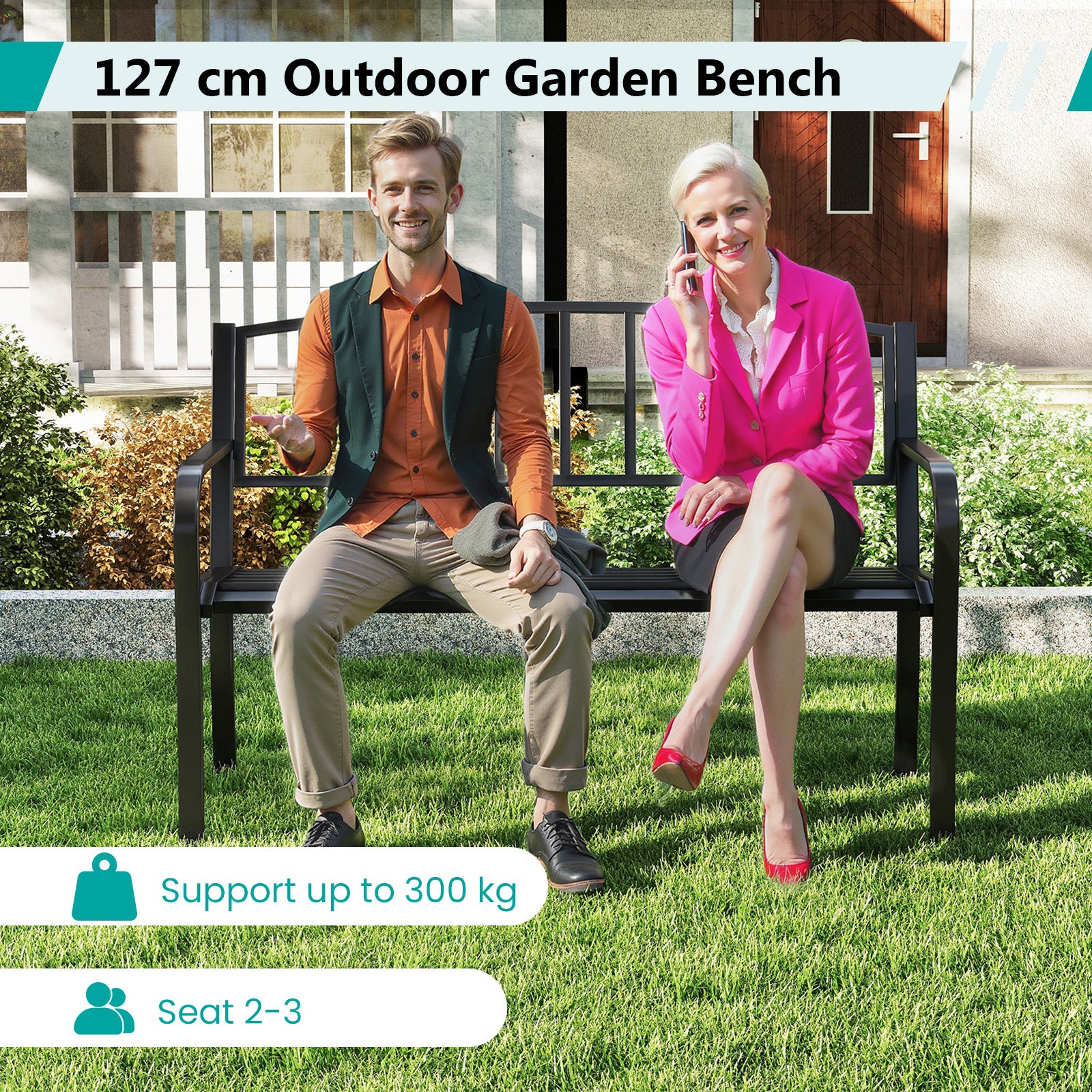 127cm Garden Bench with Slatted Backrest and Curved Armrests-Black