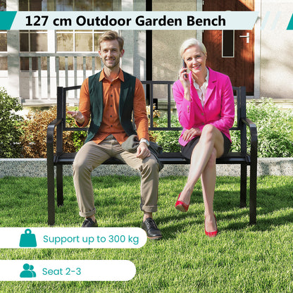 127cm Garden Bench with Slatted Backrest and Curved Armrests-Black