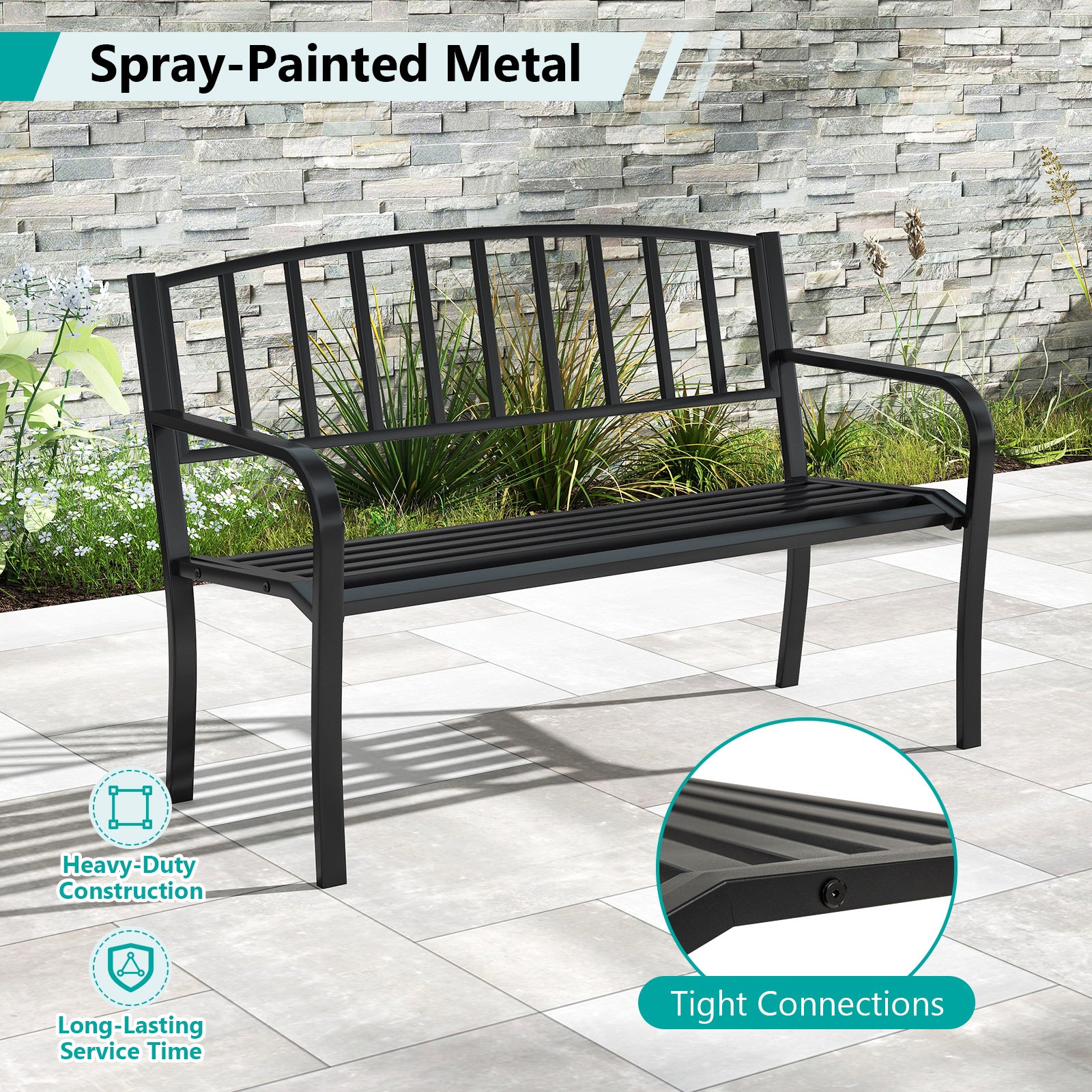 127cm Garden Bench with Slatted Backrest and Curved Armrests-Black