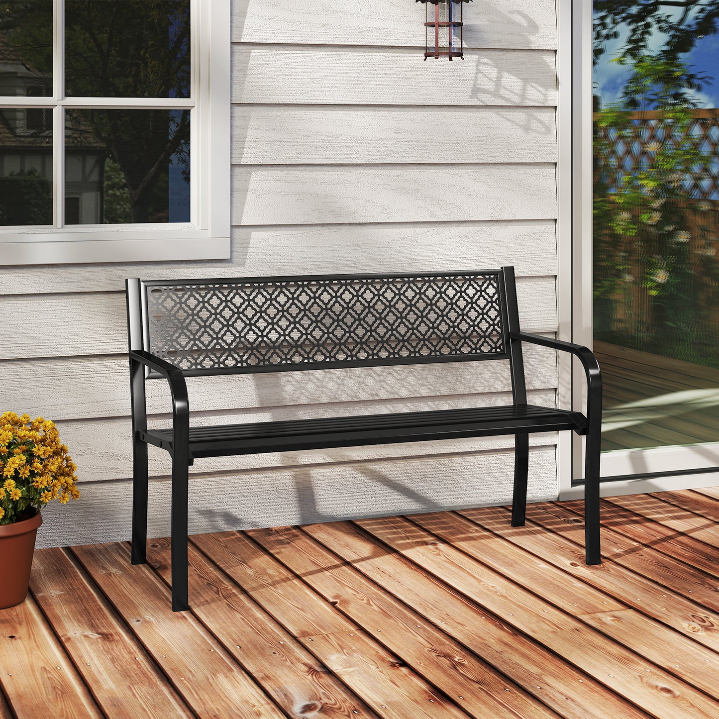 127cm Outdoor Garden Bench Metal with Geometric Lattice Backrest-Black