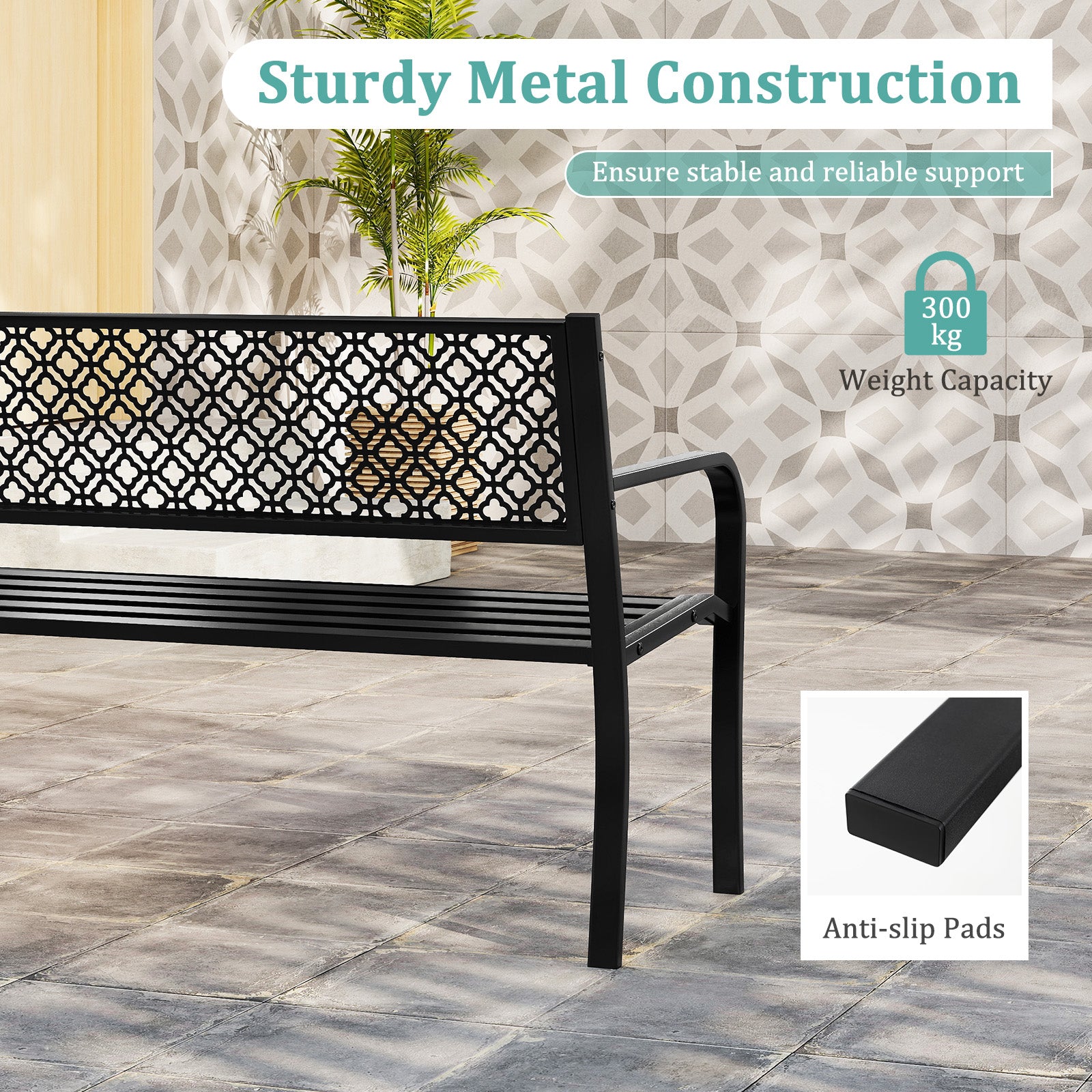127cm Outdoor Garden Bench Metal with Geometric Lattice Backrest-Black