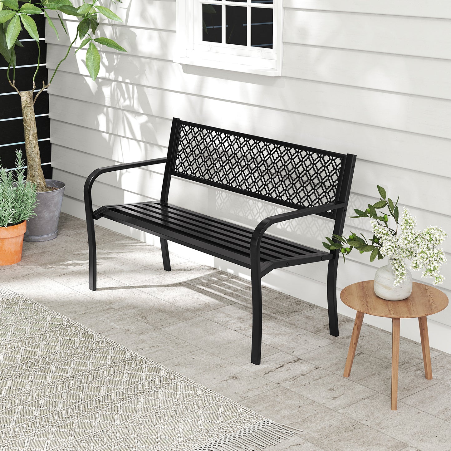 127cm Outdoor Garden Bench Metal with Geometric Lattice Backrest-Black