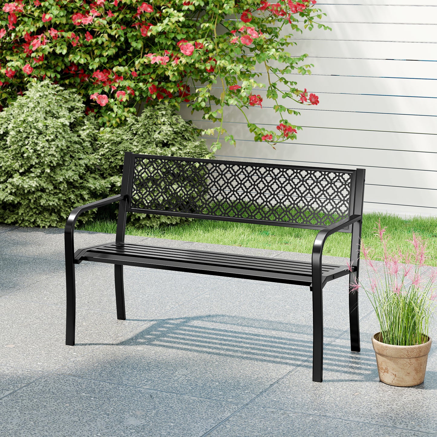 127cm Outdoor Garden Bench Metal with Geometric Lattice Backrest-Black