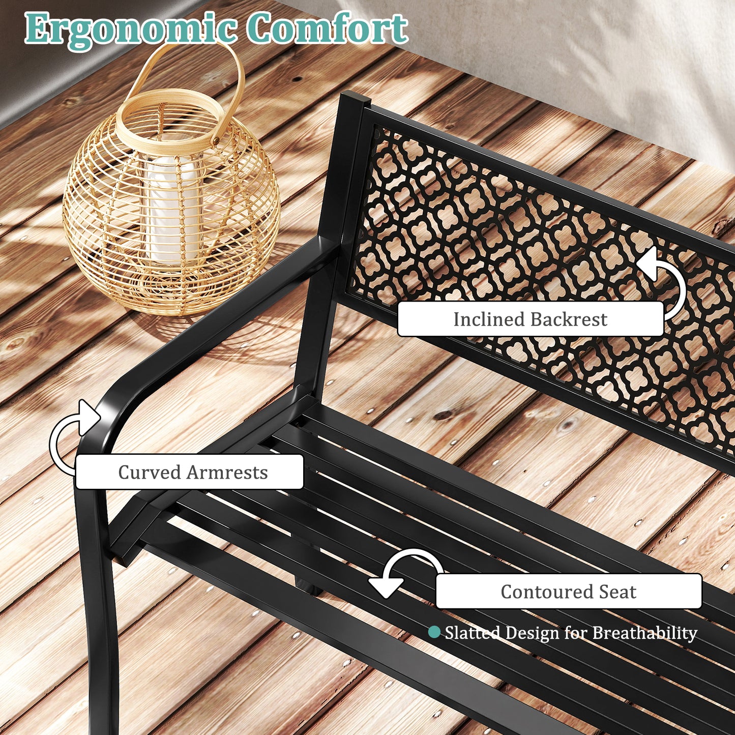 127cm Outdoor Garden Bench Metal with Geometric Lattice Backrest-Black