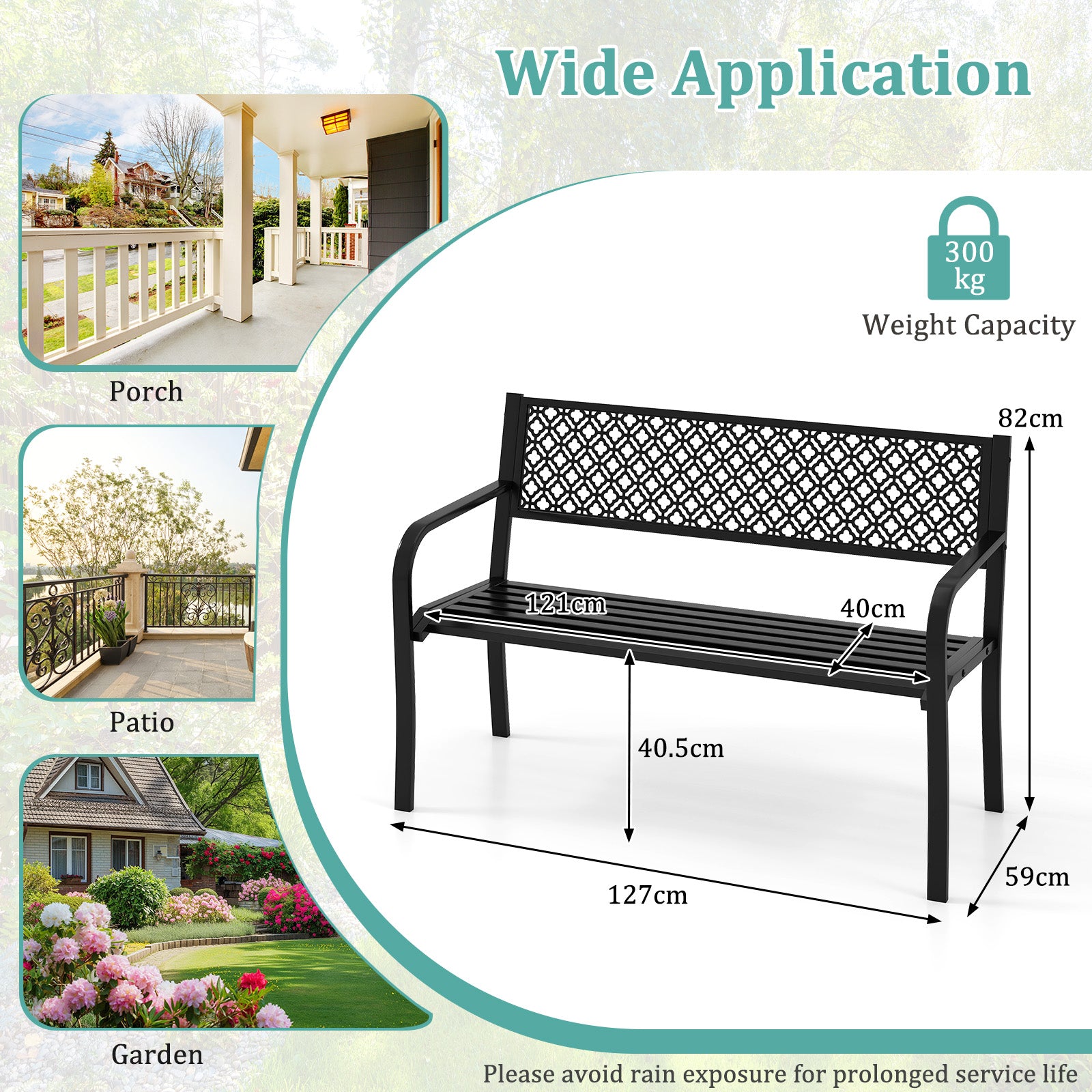 127cm Outdoor Garden Bench Metal with Geometric Lattice Backrest-Black