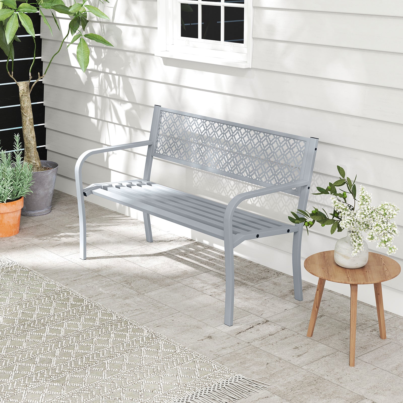 127cm Outdoor Garden Bench Metal with Geometric Lattice Backrest-Grey