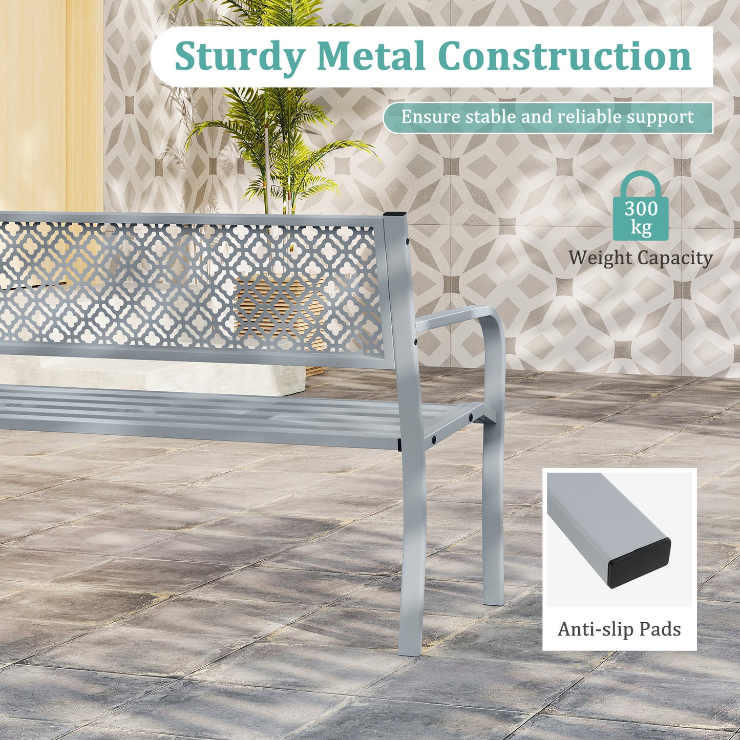 127cm Outdoor Garden Bench Metal with Geometric Lattice Backrest-Grey