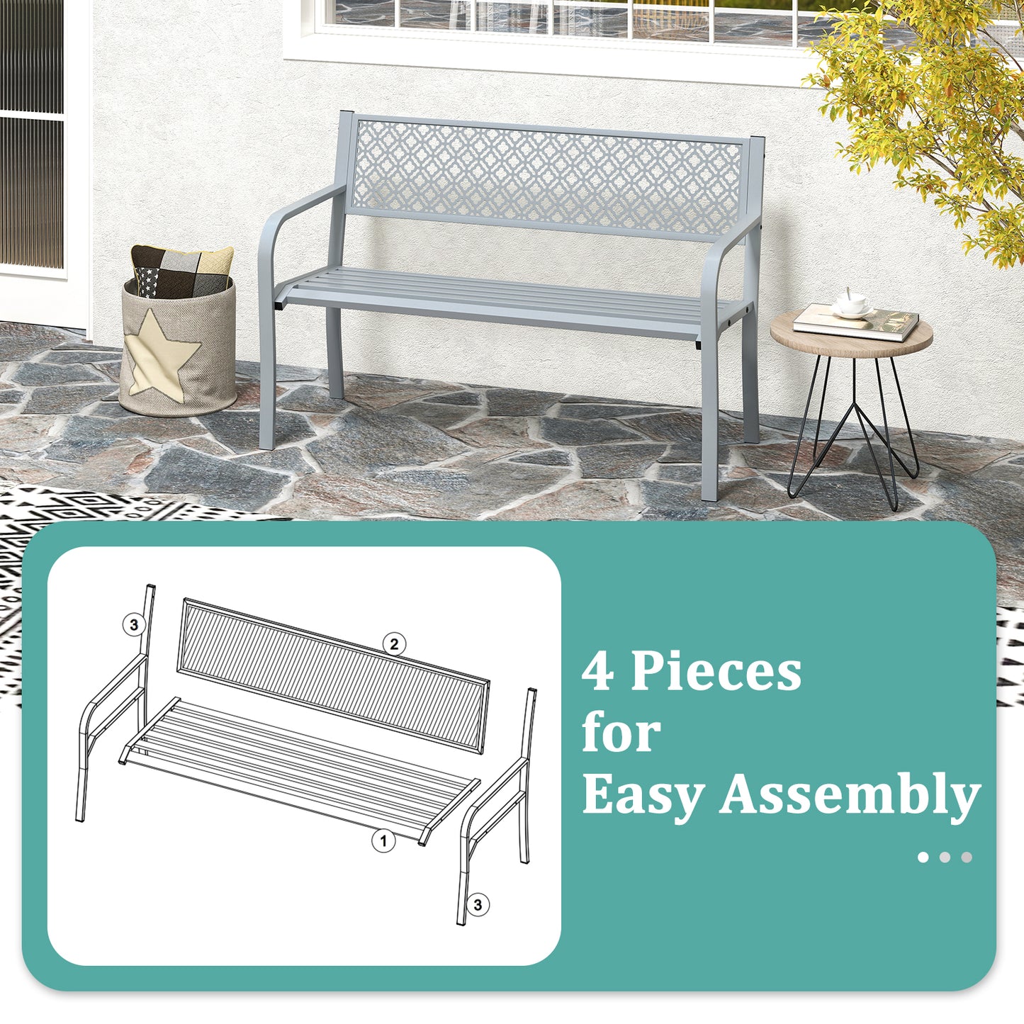 127cm Outdoor Garden Bench Metal with Geometric Lattice Backrest-Grey