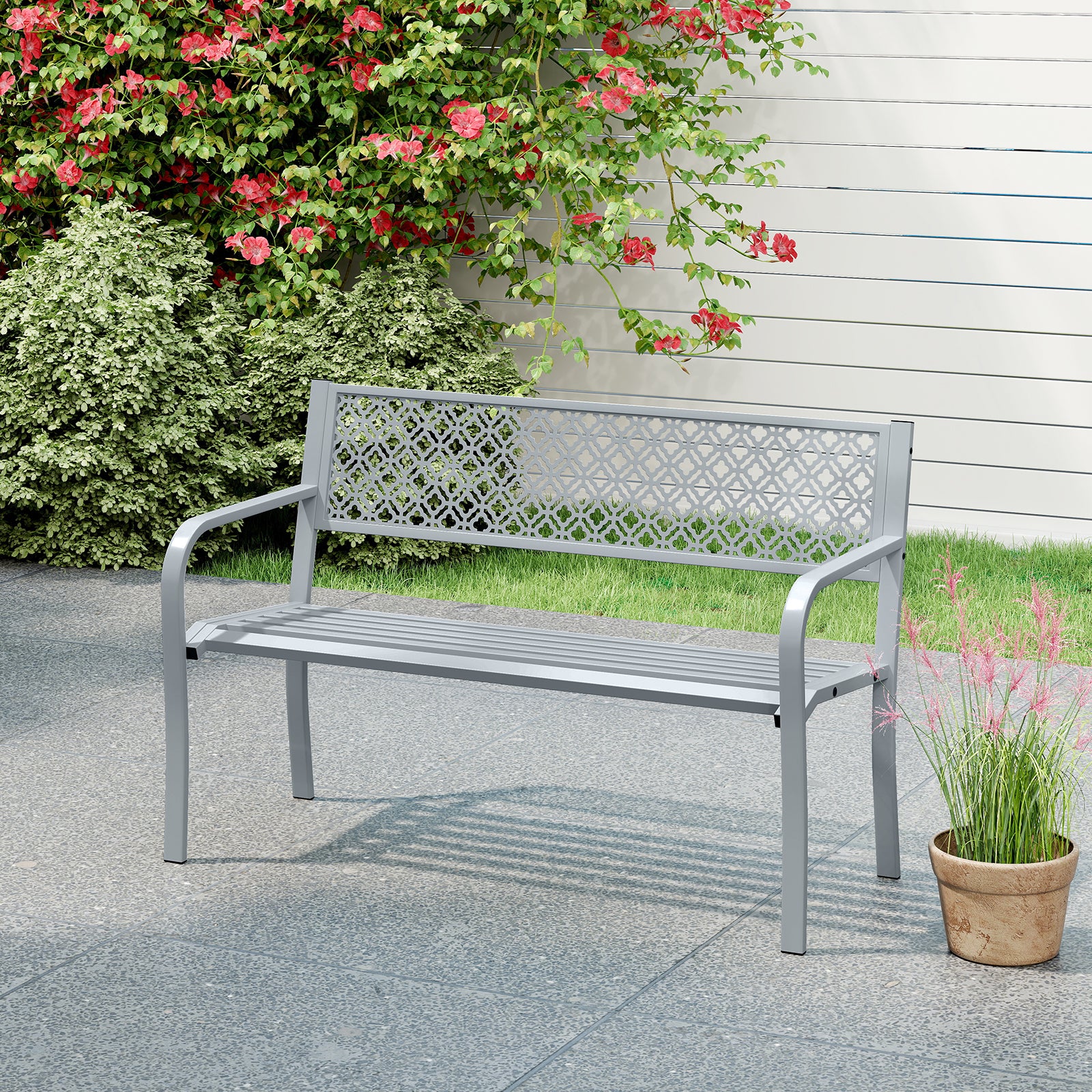 127cm Outdoor Garden Bench Metal with Geometric Lattice Backrest-Grey