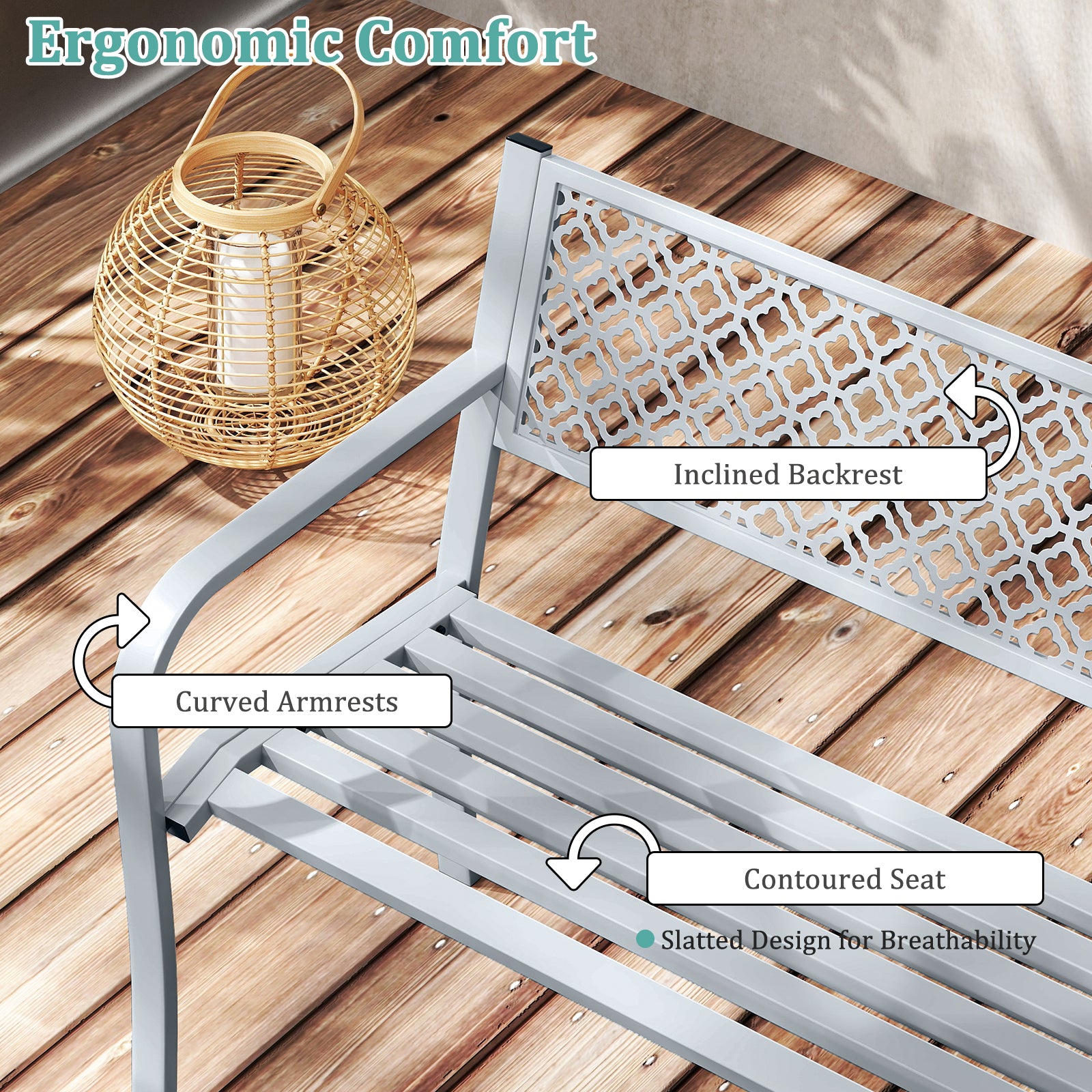 127cm Outdoor Garden Bench Metal with Geometric Lattice Backrest-Grey