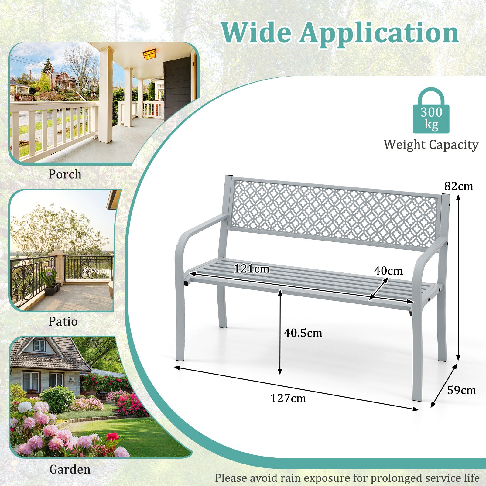 127cm Outdoor Garden Bench Metal with Geometric Lattice Backrest-Grey