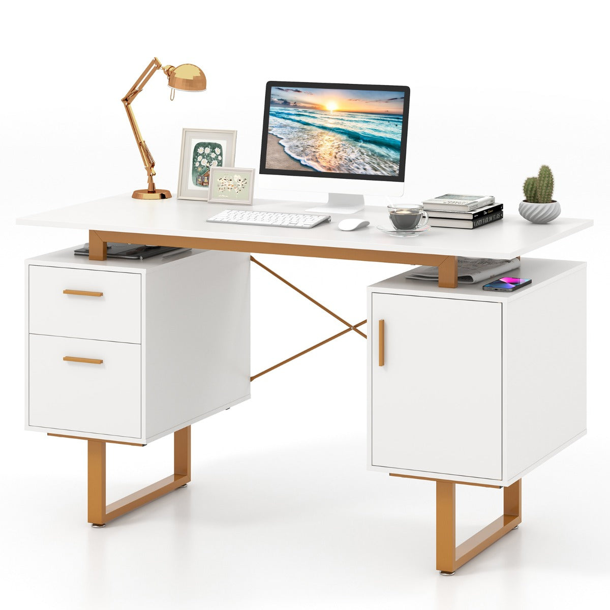 129cm Home Office Desk with Floating Desktop and Dual Drawers-White