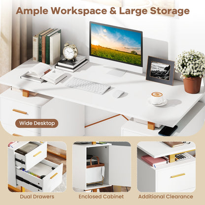 129cm Home Office Desk with Floating Desktop and Dual Drawers-White