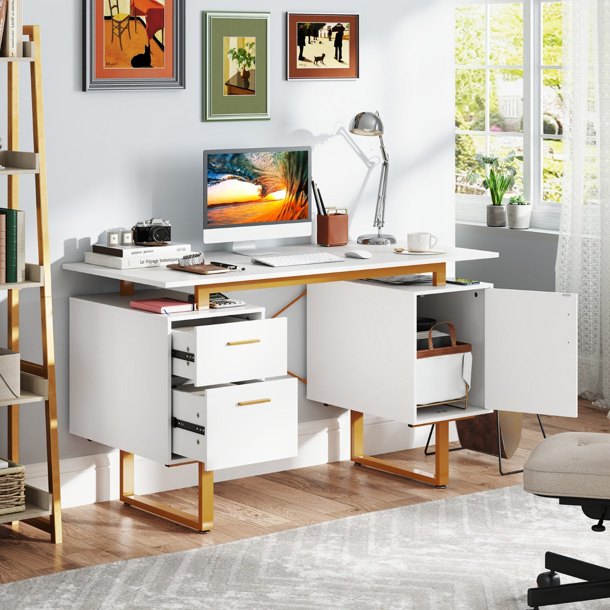 129cm Home Office Desk with Floating Desktop and Dual Drawers-White